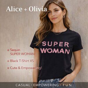Alice + Olivia Super Woman Sequin Tee Black Graphic T-Shirt Pink XS Designer